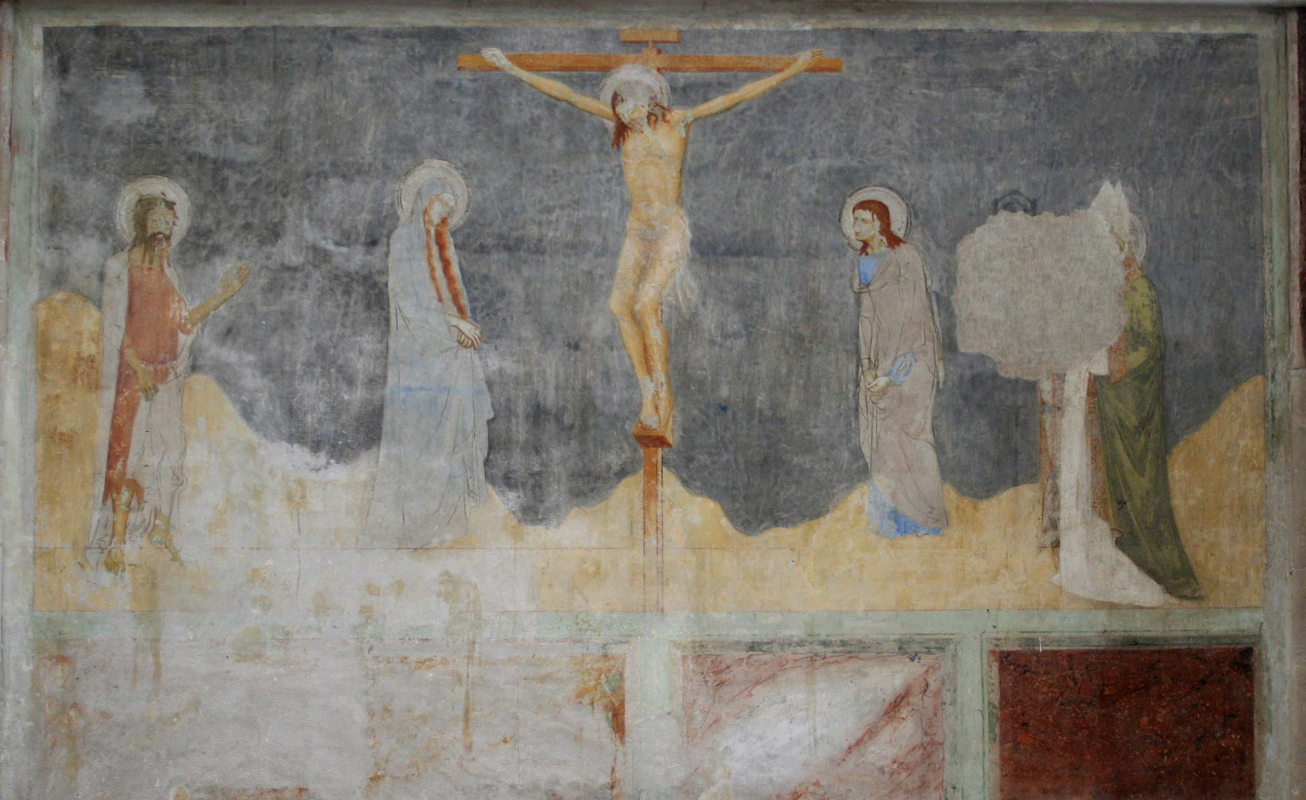 Fresque de Matteo Giovannetti peintes vers 1355 dans la chapelle des fresques de la chartreuse de Villeneuve-lès-Avignon représentant la crucifixion.