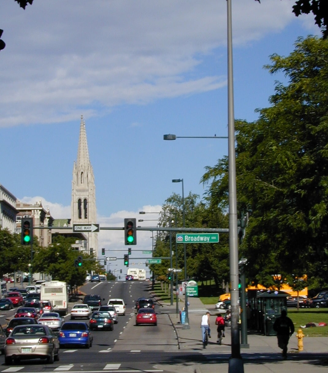 Denver - This is a picture taken at the intersection of Broadway and Colfax Avenue, looking east. The Roman Catholic cathedral on the left is a well-known … Denver - This is a picture taken at the intersection of Broadway and Colfax Avenue, looking east. The Roman Catholic cathedral on the left is a well-known …