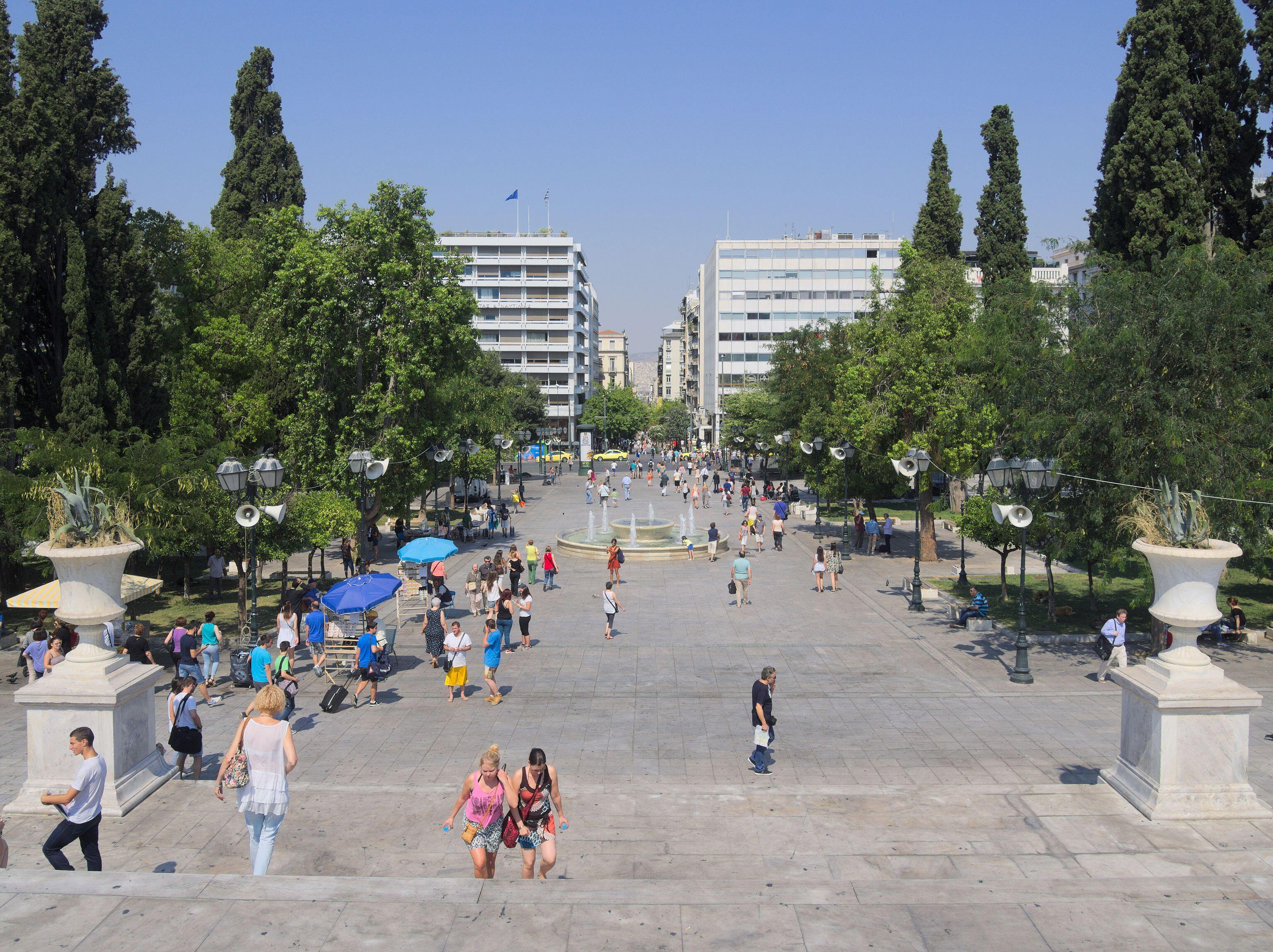 View of Syntagma square, Athens, from the staircase at the east end of the square.