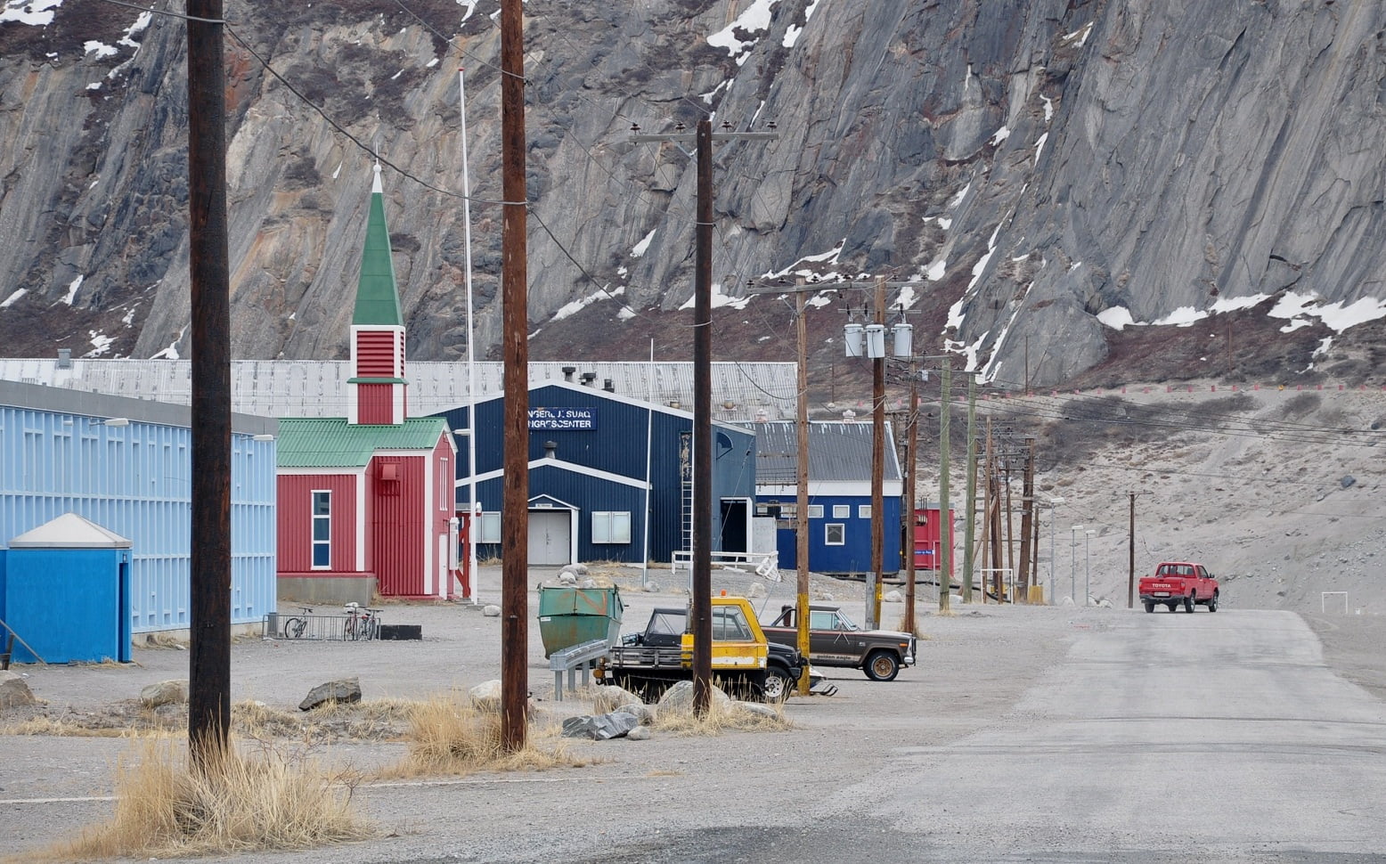 Kangerlussuaq - Myers Avenue in Kangerlussuaq, Greenland, with church and Congress Centre. Kangerlussuaq - Myers Avenue in Kangerlussuaq, Greenland, with church and Congress Centre.