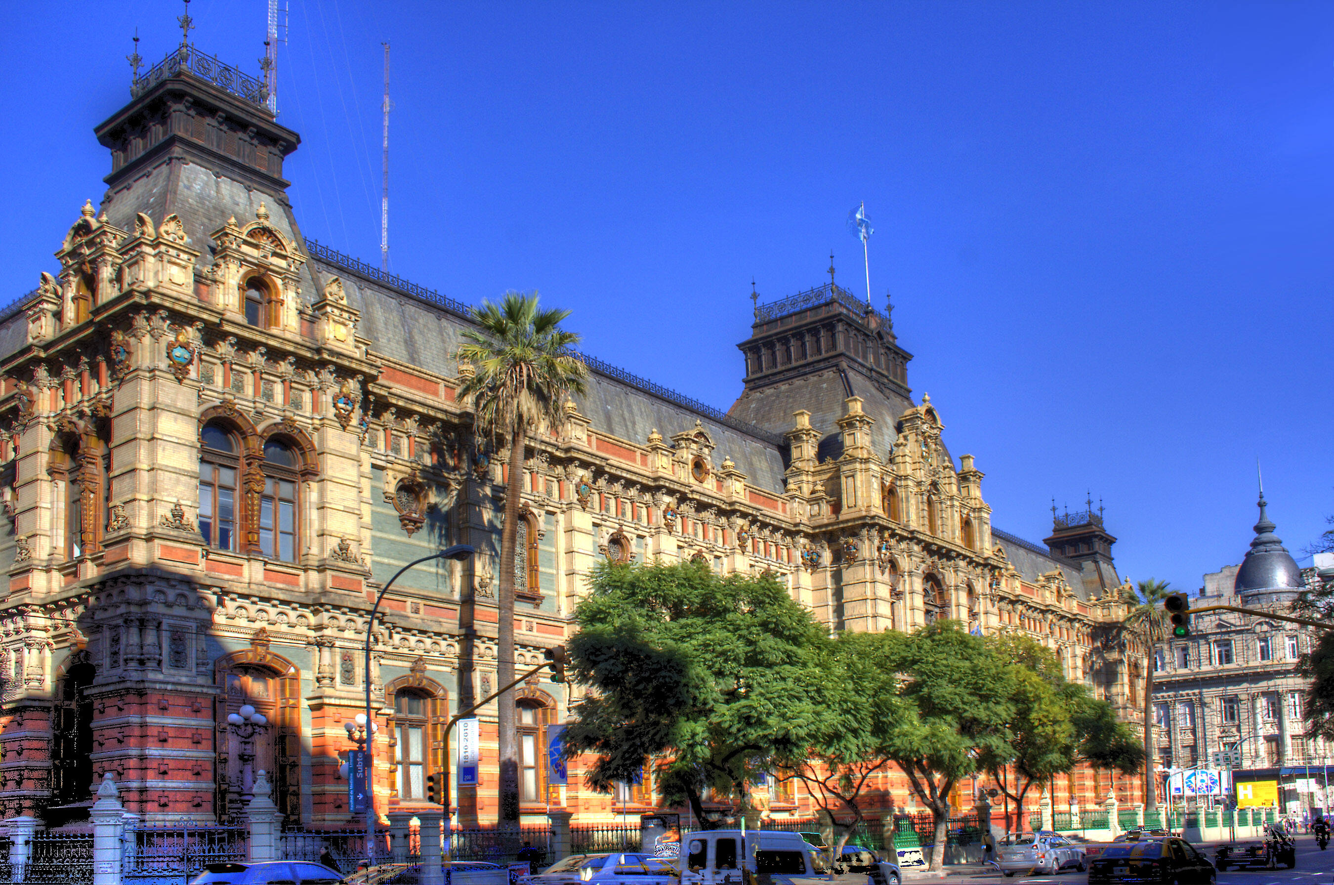 Full view of the façade of the Palacio de Aguas Corrientes in Buenos Aires.